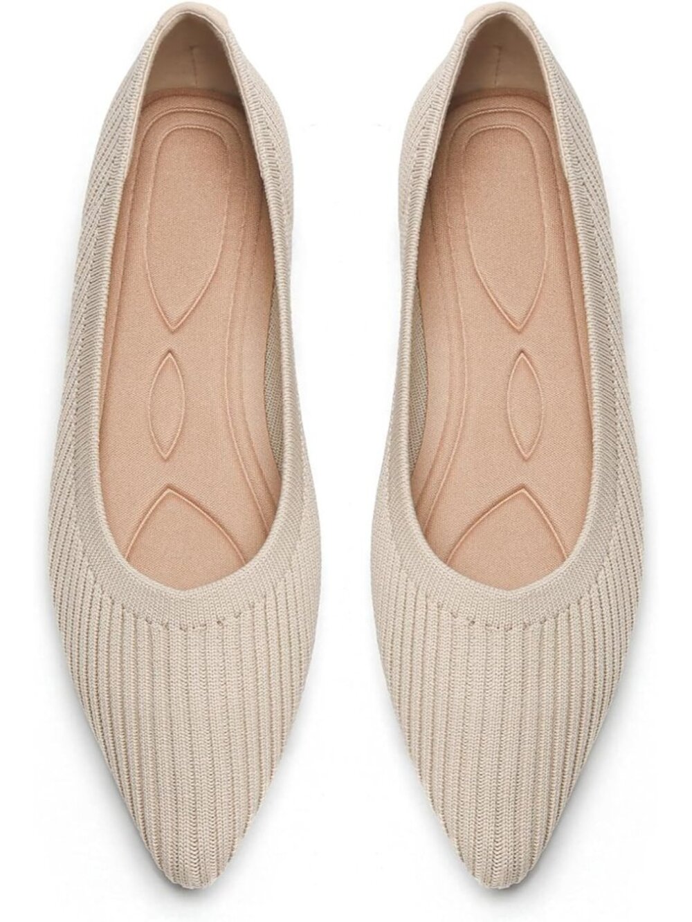 Women's Beige Comfortable Pointed Toe Knit Foldable Slip On Ballet Flat Shoes